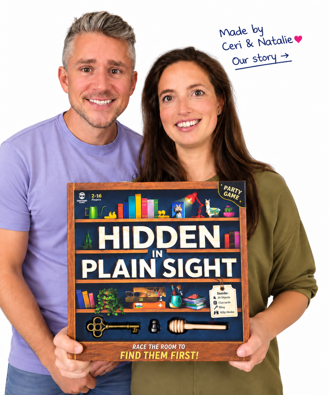 Ceri and Natalie, the husband and wife team behind Confident Games, holding Hidden in Plain Sight. Made by Ceri and Natalie, read our story.